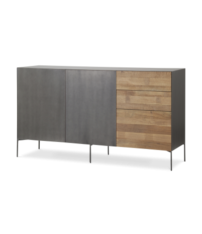 Aparador Fusion frontal acero y teca reciclada 2 puertas 3 cajones (1 contenedor) 166 x 45 x 92 cm