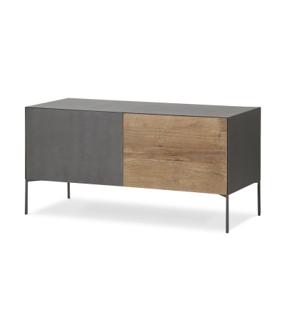 Mueble TV Fusion frontal acero y teca reciclada 1 puerta abatible 1 cajón contenedor 111 x 45 x 55 cm