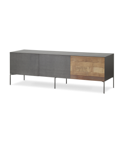 Mueble TV Fusion frontal acero y teca reciclada 2 puertas (1 abatible) 1 cajón contenedor 166 x 45 x 55 cm