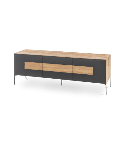 Mueble TV New Zen de teca reciclada y acero lacado 1 puerta 1 puerta abatible 1 cajón 167 x 45 x 58 cm